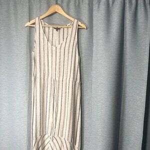 NEW Cream and light blue linen blend v neck, belted, mid tier, flared front